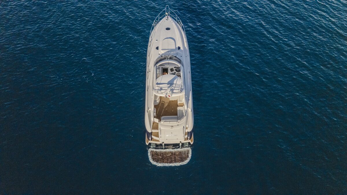 Aerial view of Me I Want Sunseeker Predator 60ft yacht in Caribbean waters